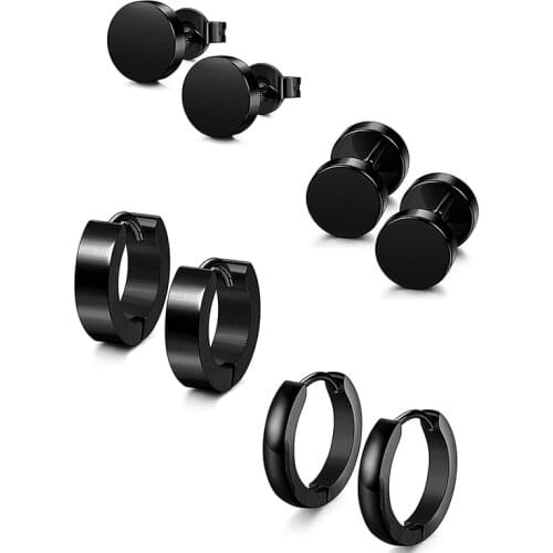 1 Set 4 Pair Different Types Shape Unisex Black Color Stainless Steel Piercing Earring for Women Men Punk Gothic Barbell Earring