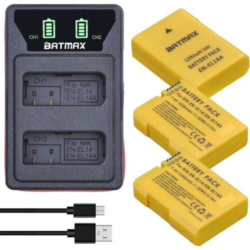 Batmax 1530mAh EN-EL14 EN-EL14A Battery+New LED USB Dual Charger withType C Port for Nikon D5200 D3100 D3200 D5100 P7000