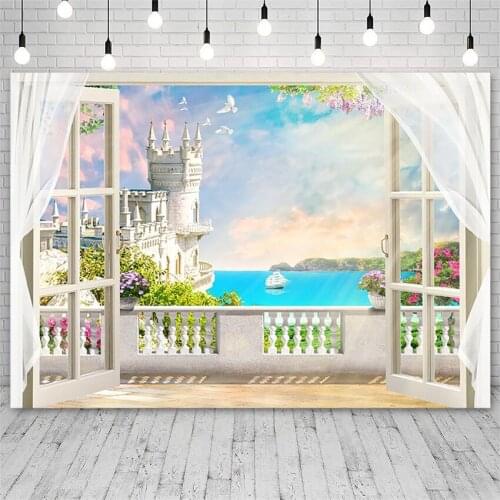 Avezano Summer Photography Backdrop Sea Beach Vacation Window Castle Flowers Pigeon Backgrounds Studio Photozone Photocall Decor