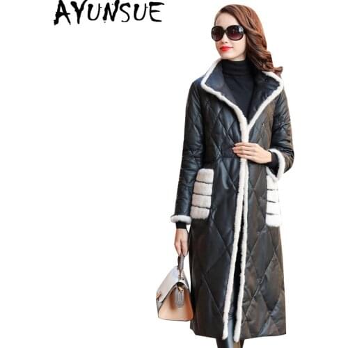 AYUNSUE Leather Jacket Winter Coat Women Clothes 2020 Mink Fur Collar Warm Long Down Jacket Women Genuine Sheepskin Coat MY4447