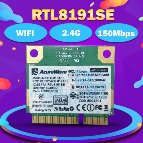 AzureWave AW-NE104H AW-NE107H RTL8191SE 150Mbps Half Mini PCIe PCI-Express Wlan Wireless Wifi Card