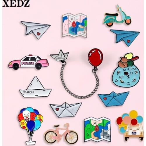 Tourist transport enamel pins hot air balloon metal chain paper airplane aviation map car bicycle motorcycle punk brooch jewelry