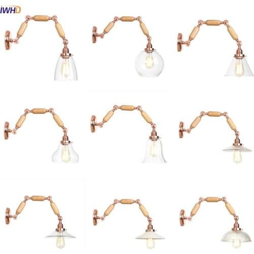 IWHD Noric Wooden Wall Lights For Home Lighting Bar Cafe Bathroom Mirror Stair Glass Swing Long Arm Wall Lamp Sconce LED Vintage