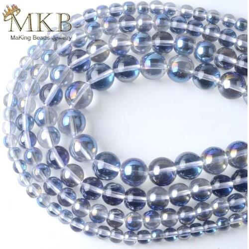 Smooth Plated AB Blue Glass Beads Round Beads Spacer Loose Beads For Jewelry Making 6/8/10/12mm Diy Bracelet Jewellery 15inches