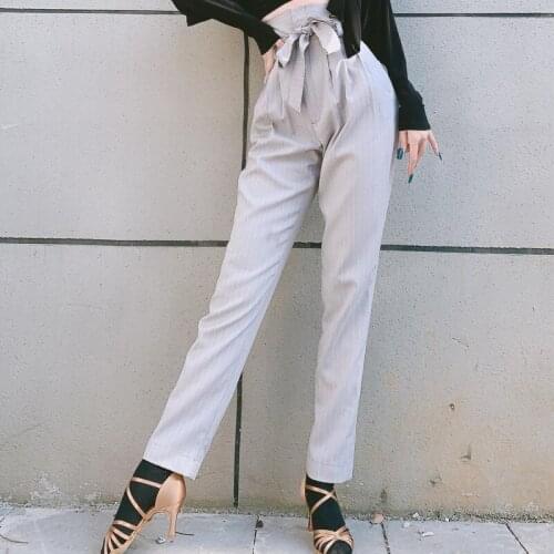 New Latin Dance Costumes Women Professional High Waist Modern Ballroom Trousers Loose Stripe Training Tango Dance Pants DNV14137
