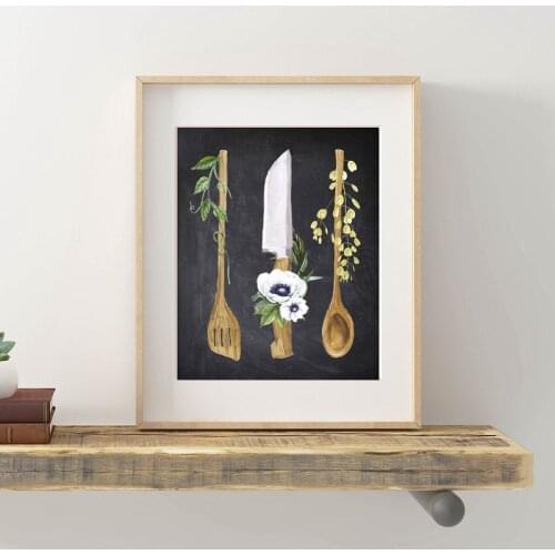 Kitchen Chalkboard Sign Poster Prints Watercolor Utensils Rustic Kitchen Spoons Housewarming Gift Canvas Painting Home Decor