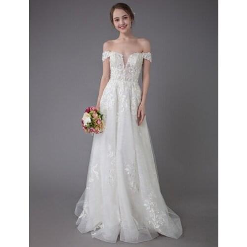 Summer Wedding Dresses 2020 Off The Shoulder Lace Champagne Applique Beaded Maxi Beach Bridal Gowns