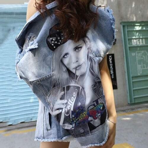 Summer Womens Jacket Korean Character Printing Womens Sleeveless Jacket Casual Loose Female Jacket Short Denim Jacke For Women