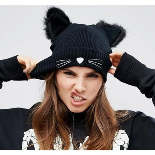 Hot Sale Cat Ears Women Hat Knitted Acrylic Warm Winter Beanie Caps Crochet Fur Beanies Cap Embroidered Cap Accessories
