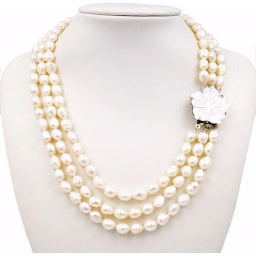 Natural Freshwater Baroque Pearl 3 Rows 8-9mm Shell Flower Clasp Necklace 20