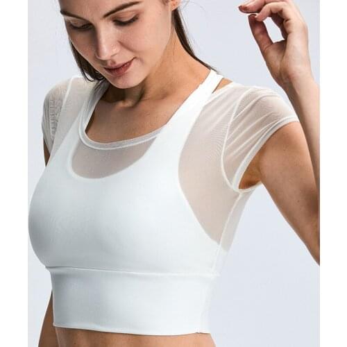 2021 New Racer Back Sports Top Fake Two-piece Yoga Suit Sexy Mesh Short-sleeved Top