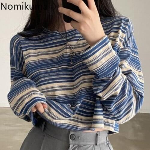 Nomikuma Striped T Shirt Women New Arrival Contrast Color O Neck Long Sleeve Graphic Tees Casual Vintage Korean Fashion Tshirts