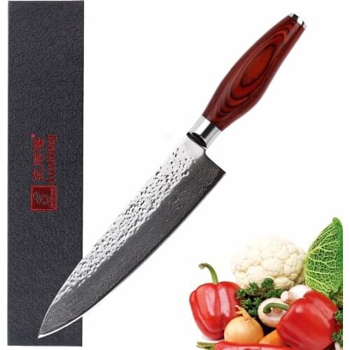 Sunlong Chefs Knife 8 inch Gyuto Japanese Hammer Damascus Steel Vegetable Cleaver Redwooden Handle