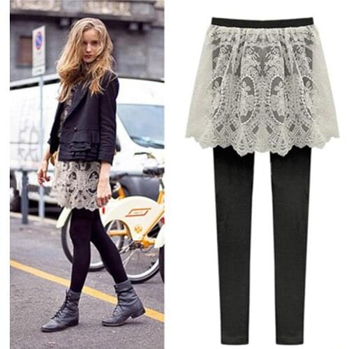 2020 autumn and winter wear lace hollow legging skirt fake two-piece womens trousers skirt thin leggings plus velvet