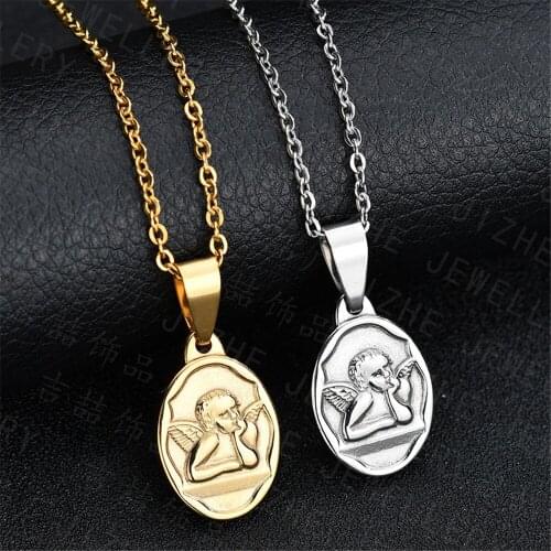 LT Classic Gold Color Cupid Angel Pendant Necklace For Women Stainless Steel Round Amulet Angel Wings Jewelry Pendant Q-145