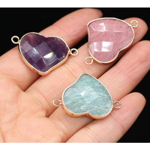 Natural Stone Amethysts Pendants Heart Shape Crystal Double hole Necklace Connectors Charm for Women Jewelry Making Supplies