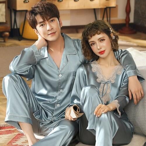 Couple Silk Pajamas Pyjamas Set Long Sleeve Sleepwear Pijama Satin Home Clothing Men & Women Sleep 2PC Set Loungewear Plus Size