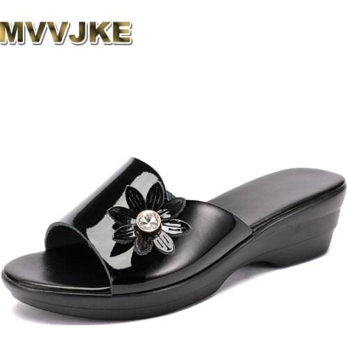 MVVJKE Women Slipper 2020 Ladies Genuine Leather Summer Slippers Shoes Women Wedges Heels Fashion Flip Flops
