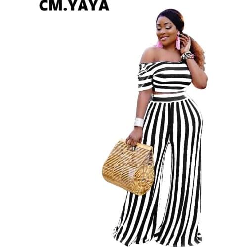 CM.YAYA Women Set Striped Off Shoulder Short Sleeve Slash Neck Crop Tops Loose Pants Two 2 Piece Sets Fashion Streetwear Summer