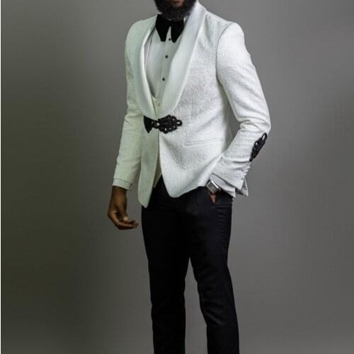 Floral Pattern Wedding Suits for Mens Slim Fit 3 Piece Groom Tuxedo Male Fashion Costume White Blazer Vest with Black Pants