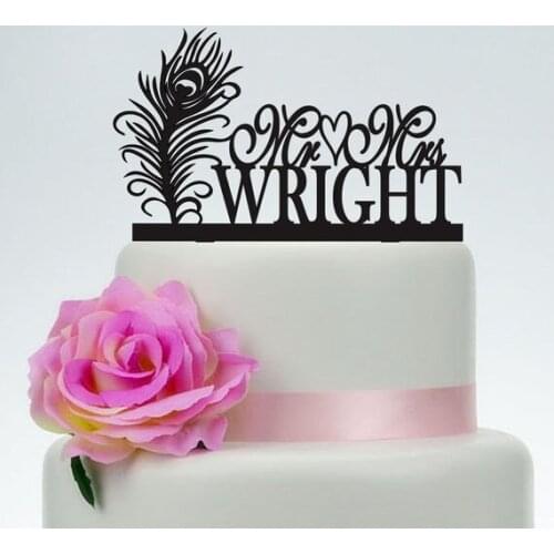 Wedding Cake Topper,Mr And Mrs Cake Topper With Surname and Heart,Custom Cake Topper,Peacock cake topper,Peacock Feather,Acrylic