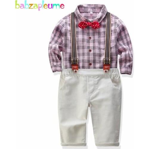 4Piece/Spring Fall Newborn Baby Boys Clothes Fashion Plaid Cotton Long Sleeve Shirt+Pants+Strap+Bow Infant Clothing Sets BC1463