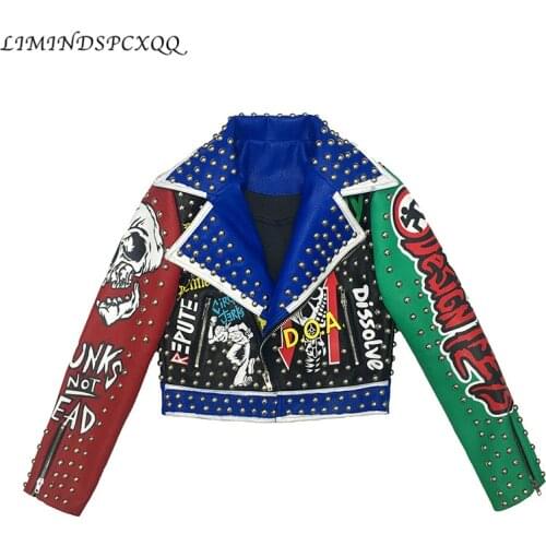 Fashion Rivet Beading Pu Leather Jacket Female Color Streetstyle Graffiti Outerwear Letters Printed Leather Jackets Woman Jacket
