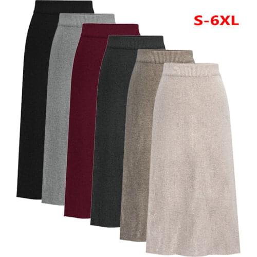 Oversized Women Knitted Skirt Autumn Winter Elastic High Waist Slim Back Open-Forked Plus Size Wool Sweater Skirts S-6XL