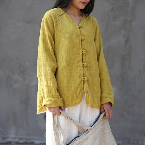 Johnature Women Vintage Shirt 2021 Spring New Cotton Linen Blouses V-Neck Full Sleeve Button 5 Color Loose Casual Women Shirts