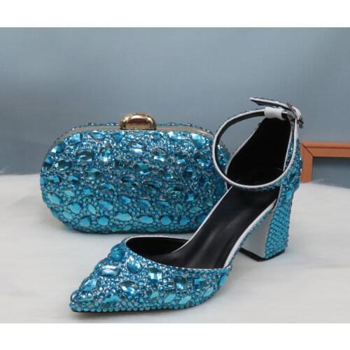 2020 New Arrival Summer Sky Blue Crystal Sandals Womens wedding shoes Bride Fashion Pointed toe Thick Heel Buckle Sandals woman