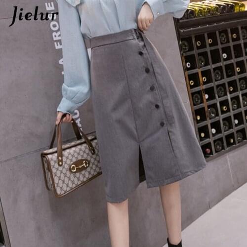 Jielur Solid Color Skirts Womens Slim High Waist Autumn Winter Knee Split Skirts Chic Black Women Skirt New Saia Faldas