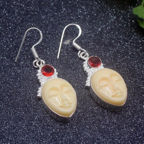Gorgeous Unique Carve Bones Red Garnet Silver Color For Women Drop Dangle Earrings 1 7/8 Inch HD612