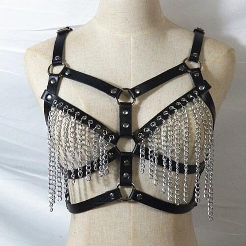 LEATHER HARNESS Belt Body chain Bondage Lingerie Sexy Goth adjustable Cage Bra Dance festival Halloween Punk Wear for Women