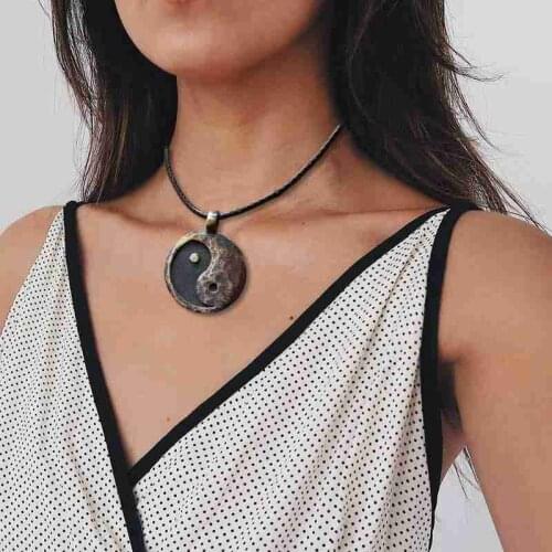 1 Retro Style Black Obsidian Tai Chi Gossip Pendant Bead Necklace Chain Jewelry Female Yin Yang Necklace