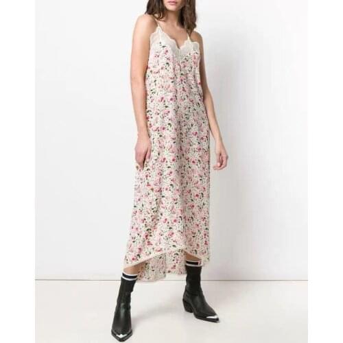 Floral Print Women V-neck Sleeveless Midi Dress 100% Silk Lace Patchwork Pink Sexy Spaghetti Strap Long Dresses