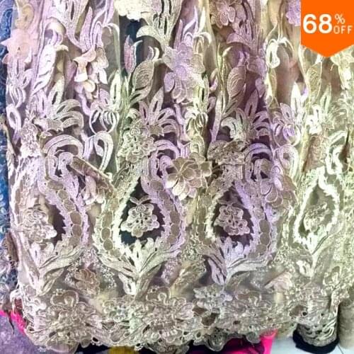 Golden color net voile embroidery one side big flowers flashing high level african lace african chemical lace wedding fabrics