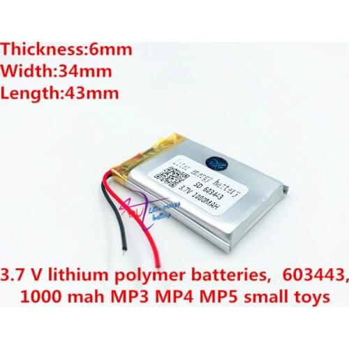 3.7V,1000mAH,[603443] PLIB;polymer lithium ion / Li-ion battery for DVR,GPS,mp3,mp4,toy,speaker
