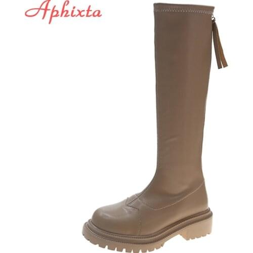 Aphixta 2021 Warm Long Womens Winter High Boots Knee-High Shoes Zipper Platform 5cm Square Heel Female Long Botas Mujer