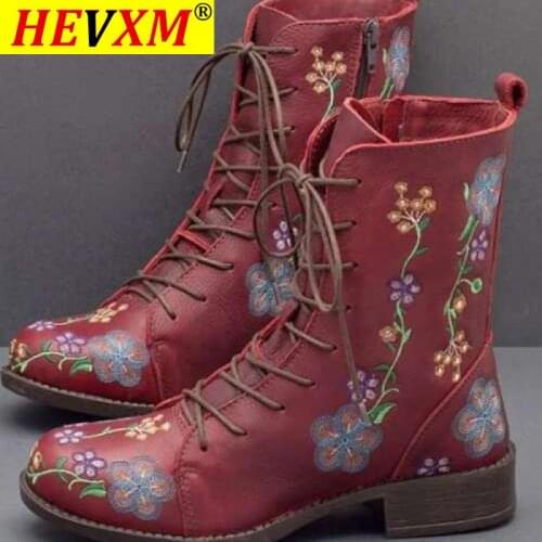 Big Size 43 Vintage Square Heels Autumn Winter Shoes Woman Western Cowboy Boots Female Zip Cross-tied Chelsea Boots