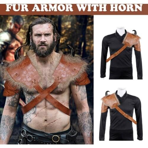 Warrior Armour Costume Cosplay Adult PU Leather Brown Fur Viking Shoulder Armor With Horn Halloween Carnival Party Costume Prop