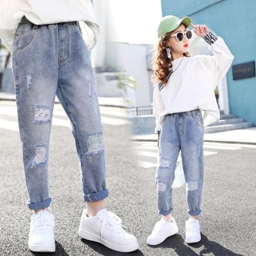 Fashion Teen Girls Ripped Hole Pencil Pants Casual Style School Denim High Waist Trousers Children Stretch Destroy Jeans 4-13Yrs