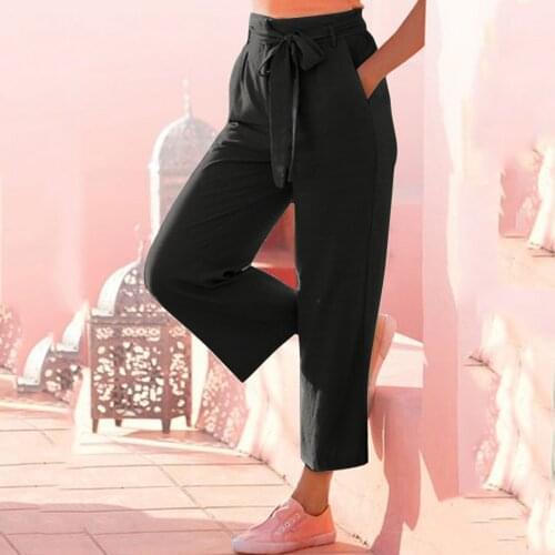 40# Elastic Waist Pants Summer Bow Long Straight Pants Female Boho Beach Pockets Pants For Women Solid Color Lounge Trousers