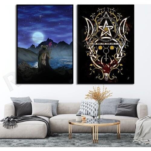 A decorative poster of a dark variant of the original three goddess pagan witchcraft works