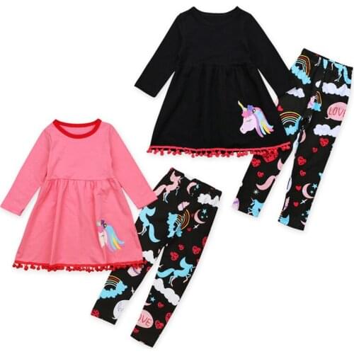Unicorn Childrens Set Spring Kids Girls Halloween Long-sleeved Dress Rainbow Legging Trousers Two-piece Kids Pajamas Wear