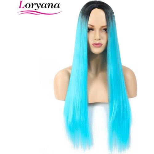 Loryana Ombre Lake Blue Straight Middle Part Long Synthetic Wigs For Women Wigs 22 inch can be Cosplay Wigs Heat Resistant wig
