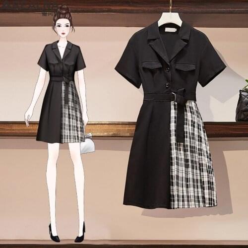 Elegant Ladies Office Dress Fashion Sexy suit collar Splice plaid short Sleeve Dress Women plus size Slim party Dress Vestidos