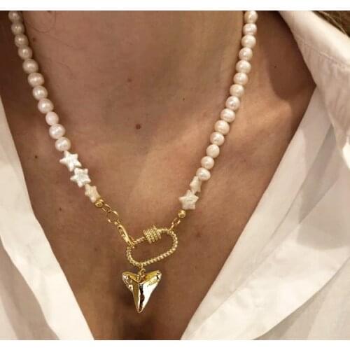 Shark Tooth Pendant Necklace Jewelry Gold Chain Women Wholesale Boho Rosary Beads necklace Freshwater Pearl Spiral Buckle Lock