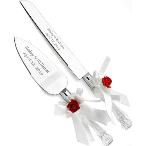 Engraved Faux Crsytal Cake Knife and Server Set for Birthday, Anniversary, Wedding Keepsake