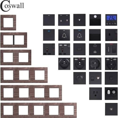 COSWALL L1 Series Wood Grain Aluminum Metal Panel Wall Switch EU French Socket HDMI-compatible USB Charger TV RJ45 Modules DIY