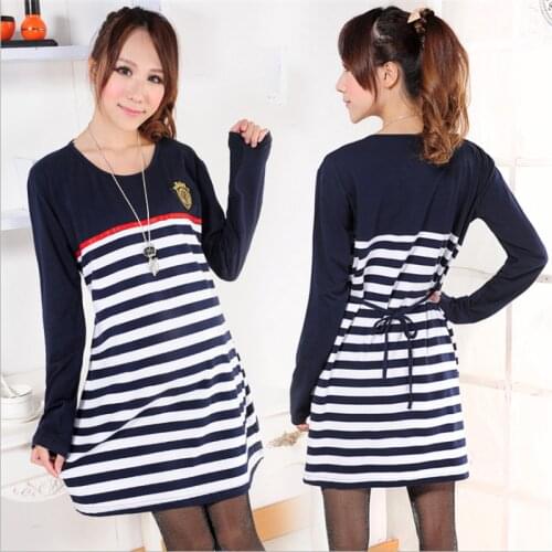 New Maternity Dress Women Pregnant Dress Full Sleeve Stretch Pregnancy Belt Dress Cotton Stripe Breastfeeding Clothes
